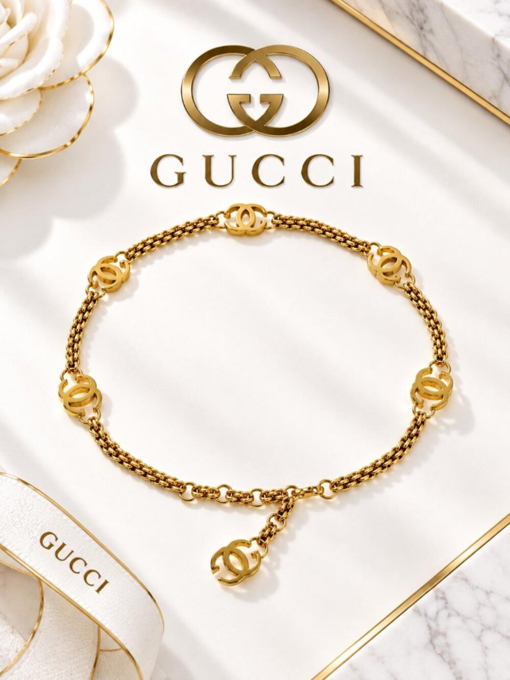 Authentic Gucci Gold Tone Interlocking G Logo Chain Charm Bracelet